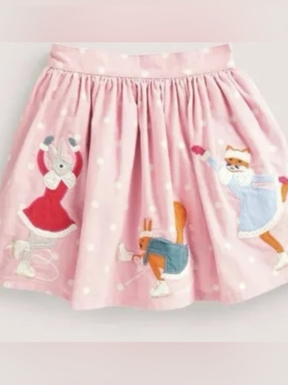 Mini Boden - Girls' Pink Corduroy Skirt with Ice Skating Animal Appliqués